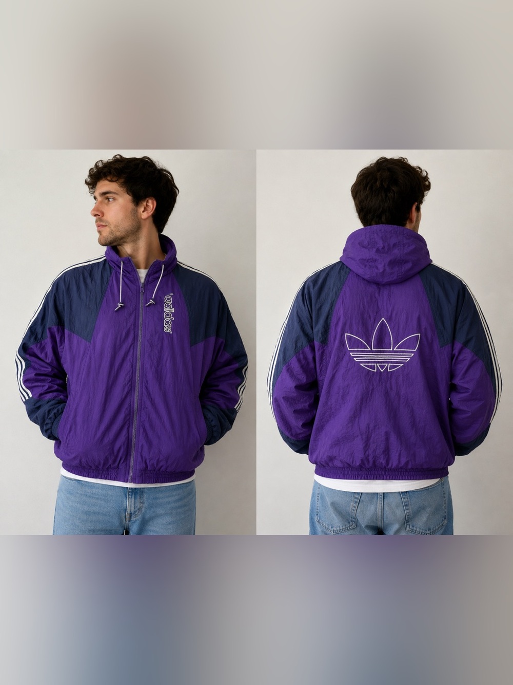 Vintage Adidas Trefoil Hooded Puffer Jacket Purple Black 90s Spellout Stripe L